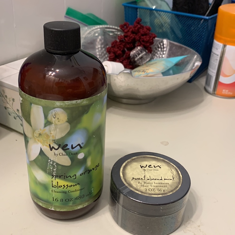 WEN spring  Orange Blossom shampoo and sweet, almond mint hair treatment.